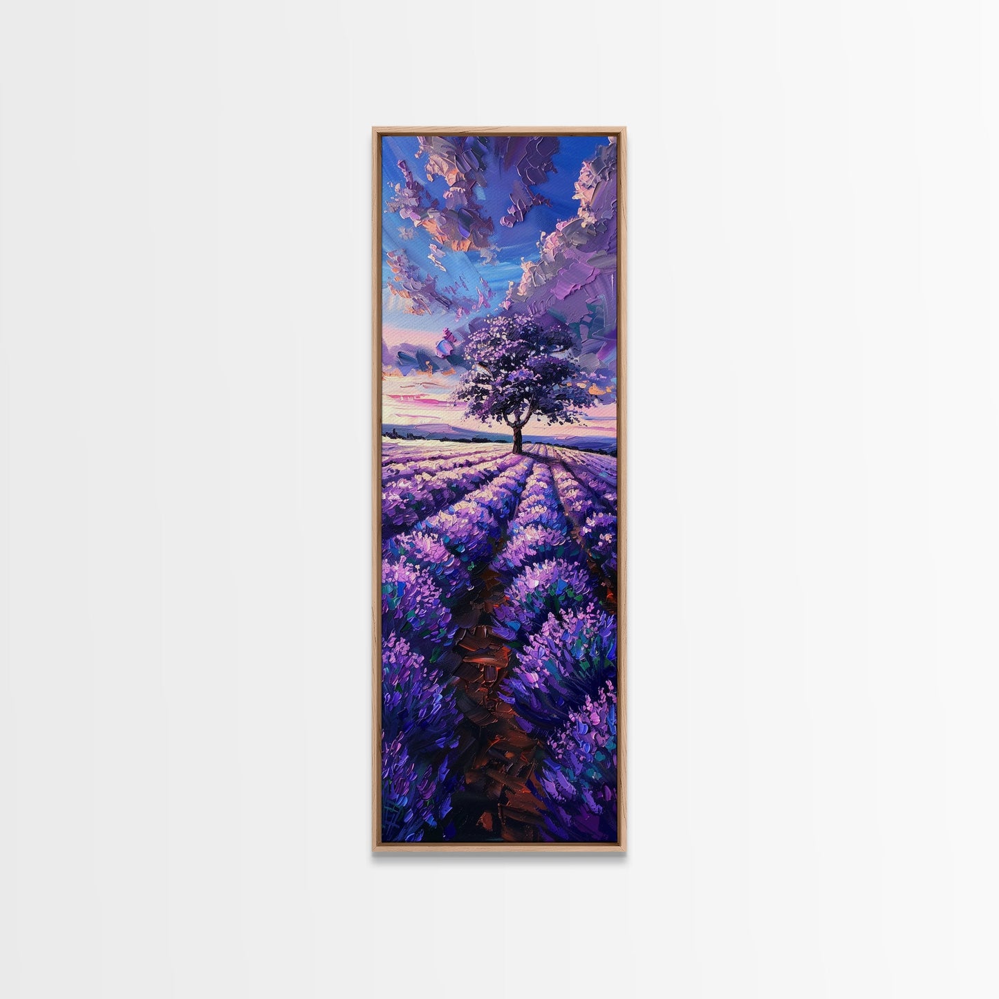 Majestic Lavender Tree in a Flower Field, Skinny and Tall Art, Serene Framed Canvas Print, Peaceful Home Decor