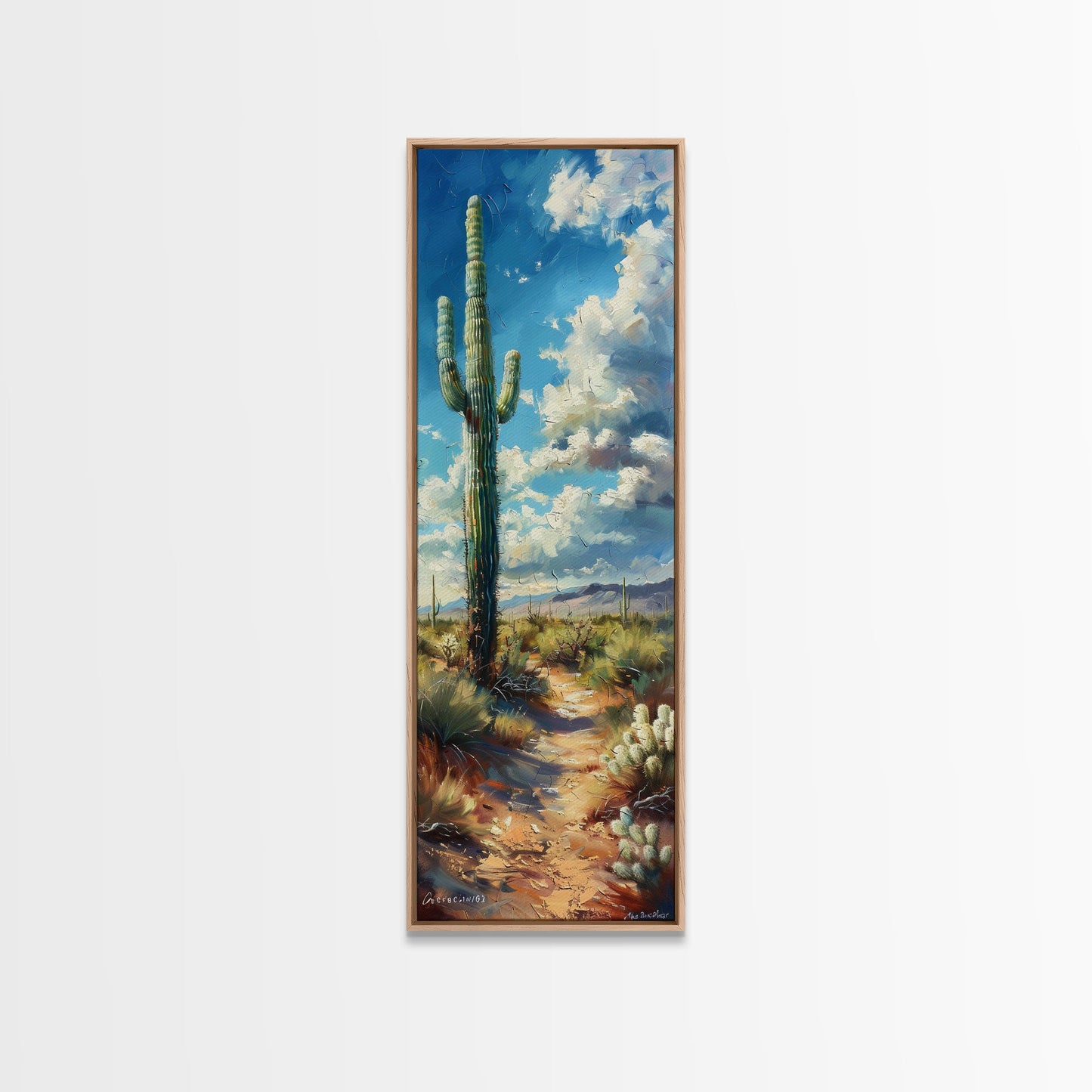 Iconic Saguaro Cactus in a Desert Landscape Under a Bright Blue Sky on a Framed Canvas Print Tall Art Piece