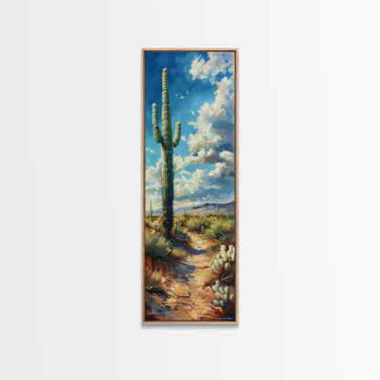 Iconic Saguaro Cactus in a Desert Landscape Under a Bright Blue Sky on a Framed Canvas Print Tall Art Piece