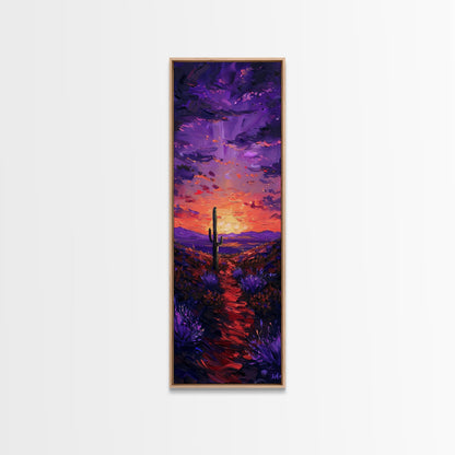 Colorful Sunset Over a Desert Landscape with a Saguaro Cactus and Dramatic Sky on a Framed Canvas Print Skinny Art Piece