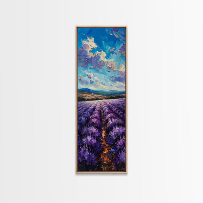 Framed Canvas Print of Wide Lavender Fields Under a Bright Sky Featuring Skinny Tall Art for Stunning Wall Decor in Home or Office