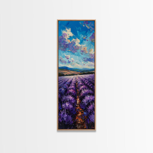 Framed Canvas Print of Wide Lavender Fields Under a Bright Sky Featuring Skinny Tall Art for Stunning Wall Decor in Home or Office