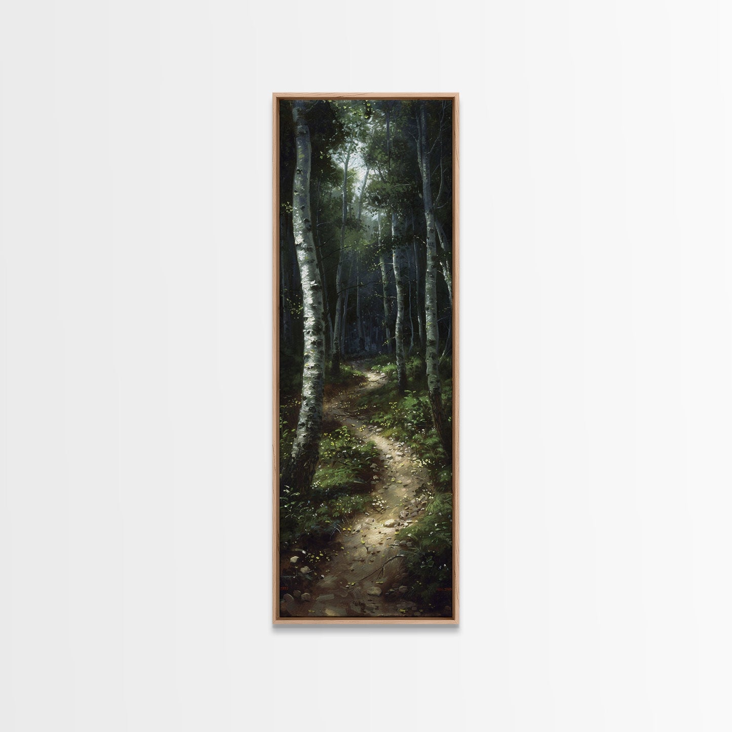 Mysterious Birch Forest Path Tall Skinny Art Framed Canvas Print for Serene and Calming Wall Decor in Homes or Offices