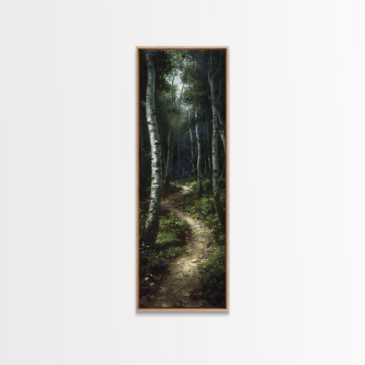 Mysterious Birch Forest Path Tall Skinny Art Framed Canvas Print for Serene and Calming Wall Decor in Homes or Offices
