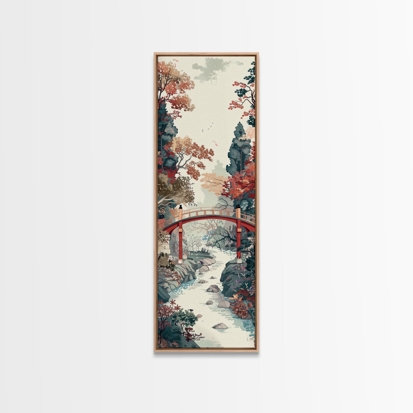 Traditional Japanese Skinny Art of Autumn Bridge in Serene Landscape with Fall Foliage – Framed Canvas Print