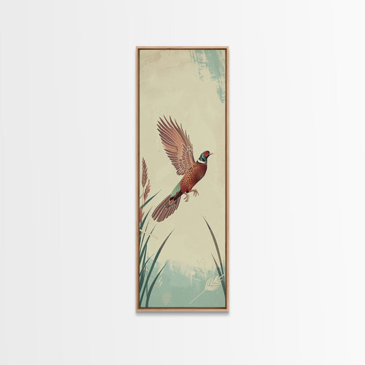Japanese Skinny Art of Pheasant in Flight with Graceful Wings and Earthy Tones – Framed Canvas Print