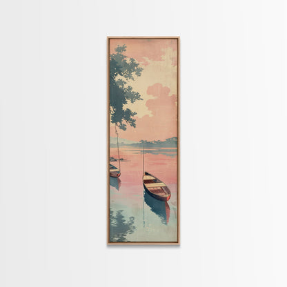 Serene Boat on Water, Autumn Trees, Japanese Art, Skinny Art, Tall Art, Framed Canvas Print, Ukiyo-e Style