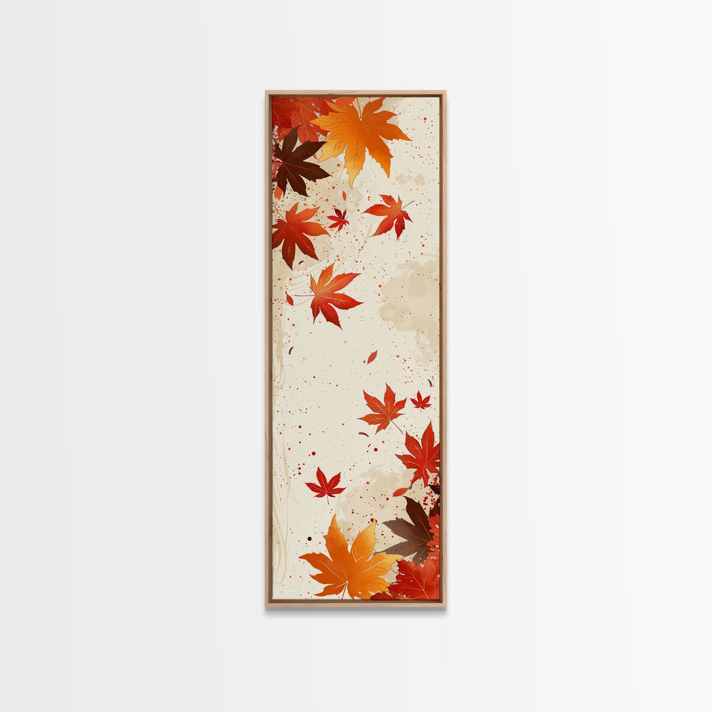 Skinny Art Autumn Leaves In Japanese Style Wood Block Print Warm Red And Orange Tones On Framed Canvas Print, Tall Art Ukiyo-e