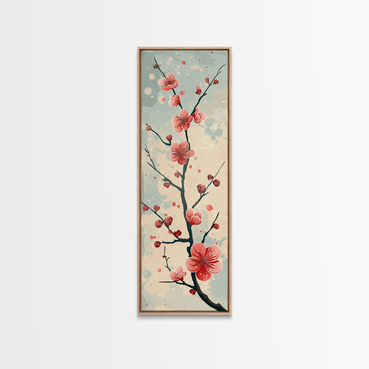 Peach Blossoms On Branch With Soft Pastel Background Tall Art Skinny Art Framed Canvas Print Japanese Style Art Ukiyo-e Wood Block Print