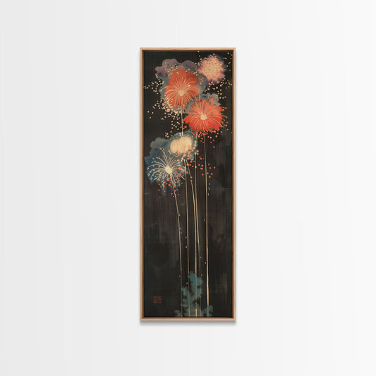Colorful Fireworks Display Against A Dark Night Sky, Skinny Art Tall Wall Art Framed Canvas Print Japanese Style Art