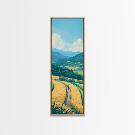 Scenic Countryside Pathway with Fields and Mountains, Skinny Framed Canvas Print for Wall Decor