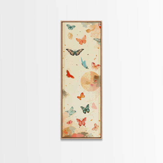 Colorful Butterflies Floating Across Light Background, Tall Framed Canvas Print for Wall Decor