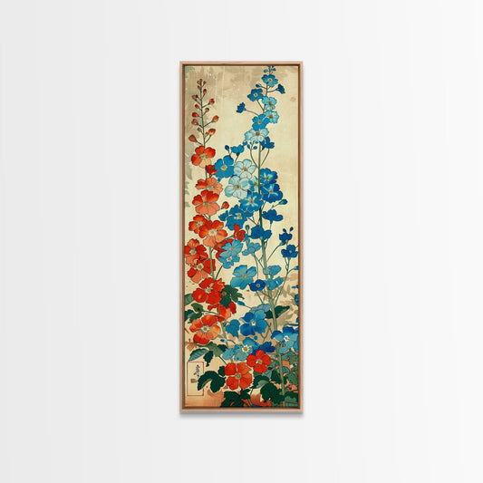 Delphinium Flowers Japanese Garden Art In Traditional Ukiyo-e Style Framed Canvas Print Tall Skinny Wood Block Floral Wall Decor