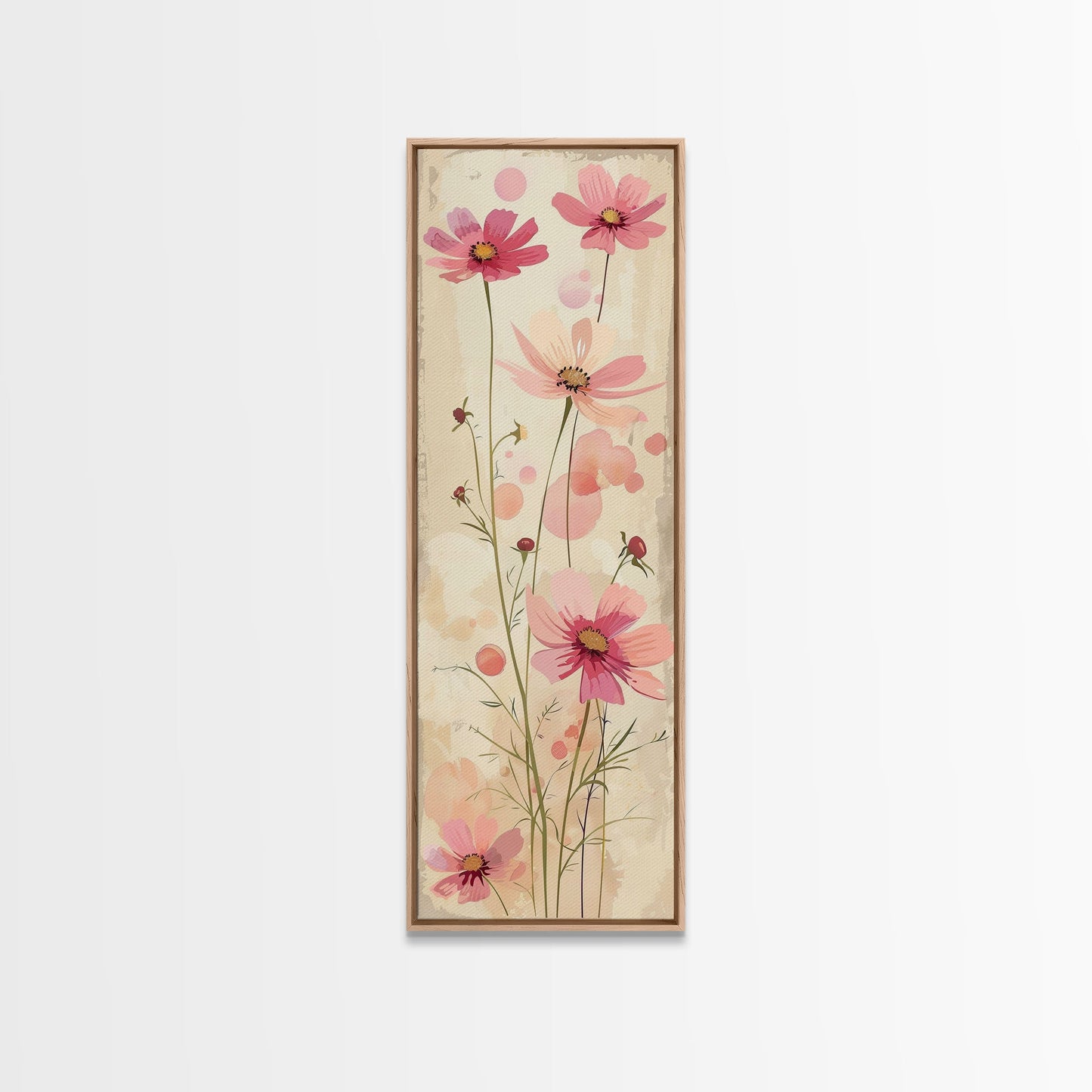 Delicate Pink Flowers with Tall Stems on a Subtle Beige Background Ukiyo-e Art Japanese Framed Canvas Print Skinny Tall Art