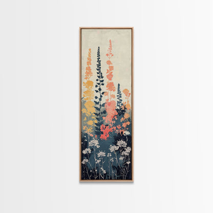 Framed Canvas Print Of Elegant Wildflowers Set Against A Soft Background, Skinny Art, Tall Art, Japanese Style Art, Ukiyo-e Art, Wood Block Print