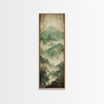 Skinny Art Tall Art Framed Canvas Print Japanese Style Art Foggy Mountain Temple Landscape Wood Block Print Ukiyo-e Feng Shui Wall Art