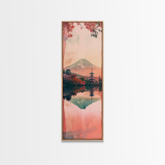 Skinny Art Tall Art Framed Canvas Print Japanese Style Art Mount Fuji Lake Reflection Red Maple Wood Block Print Ukiyo-e Feng Shui Wall Art