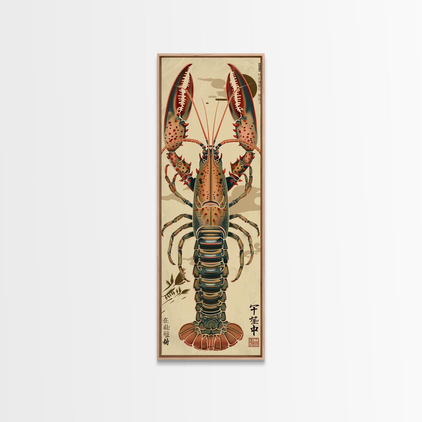 Detailed Lobster Illustration On Beige Background Skinny Art Wood Block Print Japanese Style Art Framed Canvas Print Tall Art Ukiyo-e Art