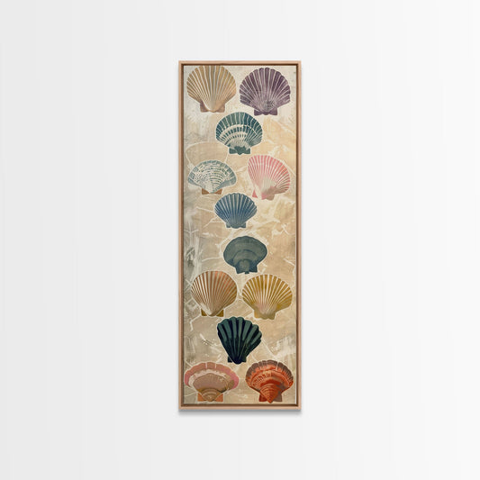 Colorful Shells On Textured Background Skinny Art Wood Block Print Japanese Style Art Framed Canvas Print Tall Art Ukiyo-e Art