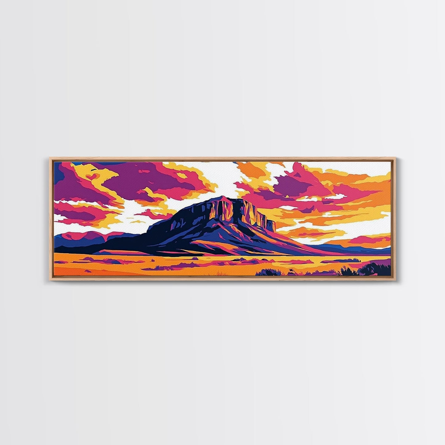 Colorful Desert Landscape, Joshua tree art, southwest wall art, pink orange wall art, extra wide art, panoramic painting, Framed Canvas Print