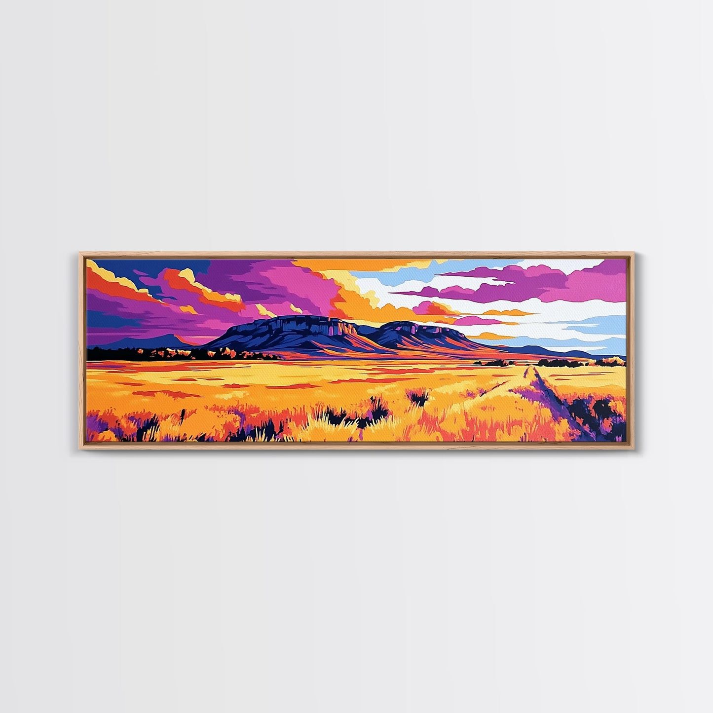 Vibrant mountain, pink orange wall art, Joshua tree art, geometric wall art, panoramic art, framed canvas print, landscape painting