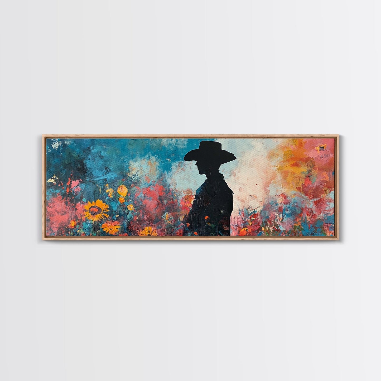 Black cowgirl painting, western decor, wildflower painting, boho art, extra wide art, framed canvas print, rustic decor, poppy wall art