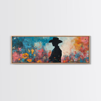 Black cowgirl painting, western decor, wildflower painting, boho art, extra wide art, framed canvas print, rustic decor, poppy wall art