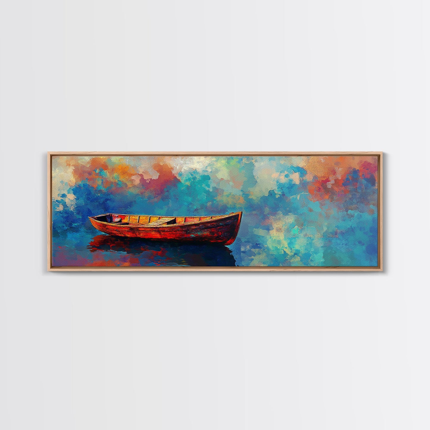 Colorful Boat Painting, coastal landscape art, nautical decor, seascape painting, vibrant wall art, framed canvas print, extra wide art