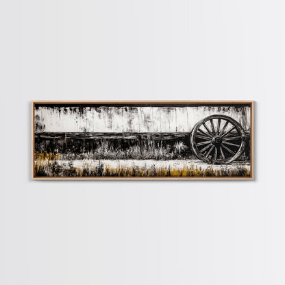 Wagon Wheel, barn landscape oil painting, black and white art, rustic decor, farmhouse art, extra wide art, Framed Canvas Print, moody art