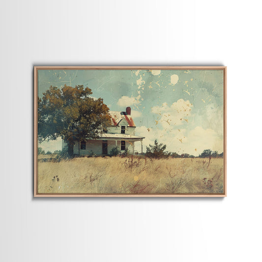 Old Farmhouse Watercolor Painting, Vintage Style Framed Canvas Print Or Metal Wall Art, Handmade Gift, Housewarming, Cottagecore Decor