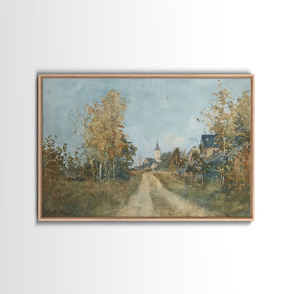 Old Country Road Leading To a Church, Framed Canvas Print, Unique Wall Art, One Of A Kind, folk art, Rustic Farmhouse