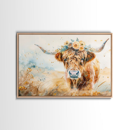Vintage Cow Painting Framed Canvas Print | Retro Country Decor | Living Room Art | Gift For Her | Vintage Wall Art | Cottage Core Wall Art