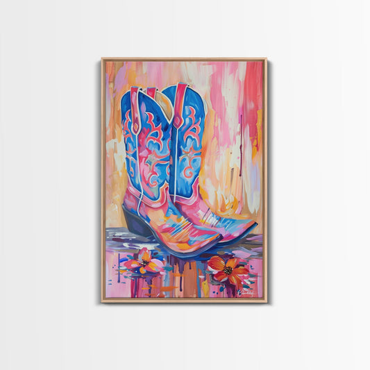 Colorful Cowboy Boots with Flowers - Framed Canvas Print, Rustic Western Decor, Vibrant Boot Wall Art for Home Decoration