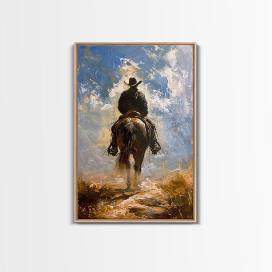 Cowboy Silhouette Riding Through the Plains - Framed Canvas Print, Western Art, Rustic Decor, Living Room Wall Art, Cowboy Themed Art