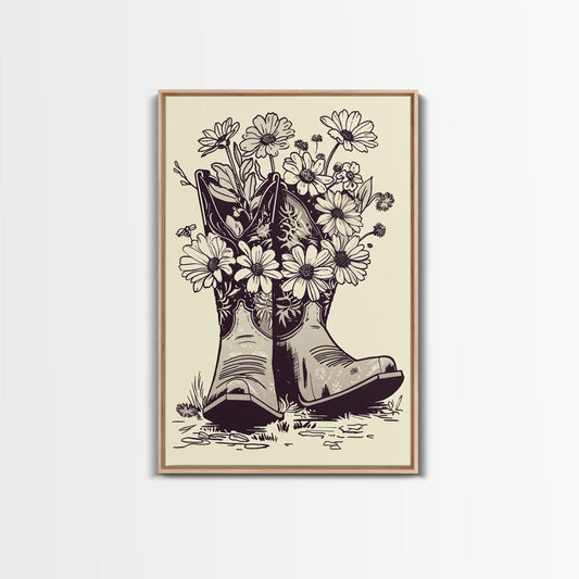 Cowboy Boots with Flowers Art Print, Western Silhouette Framed Canvas, Vintage Floral Boots Art, Unique Home Decor