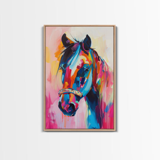 Colorful Horse Portrait in Pop Art Style - Framed Canvas Print, Horse Decor, Equestrian Art for Living Room, Bright Wall Art for Bedroom
