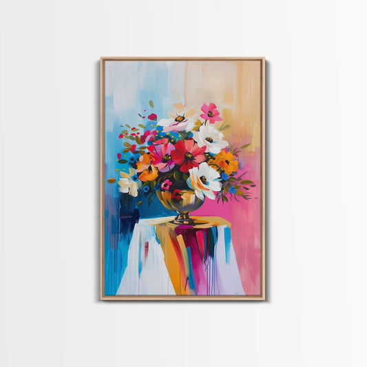 Colorful Floral Arrangement in Bright Vase - Framed Canvas Print, Flower Decor, Floral Art for Living Room, Vibrant Wall Art for Home