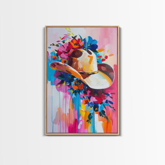 Colorful Cowboy Hat with Floral Accents - Framed Canvas Print, Modern Western Decor, Bold Hat Wall Art for Living Room or Bedroom