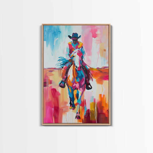 Colorful Cowboy on Horseback Art - Framed Canvas Print, Western Decor, Dynamic Living Room Wall Art, Horse Rider Artwork