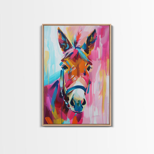 Colorful Donkey Portrait Art - Framed Canvas Print, Southwestern Decor, Vibrant Living Room Wall Art, Modern Animal Portrait