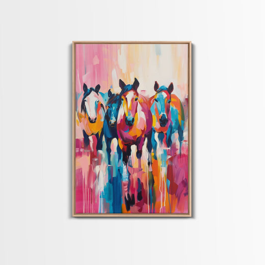 Colorful Horses Running Framed Canvas Print - Vibrant Horse Wall Art, Energetic Living Room Decor, Dynamic Bedroom Art, Equestrian Art