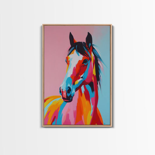 Colorful Horse Portrait - Framed Canvas Print, Bold Wall Art, Living Room Decor, Modern Horse Artwork, Vibrant Animal Art, Bedroom Decor