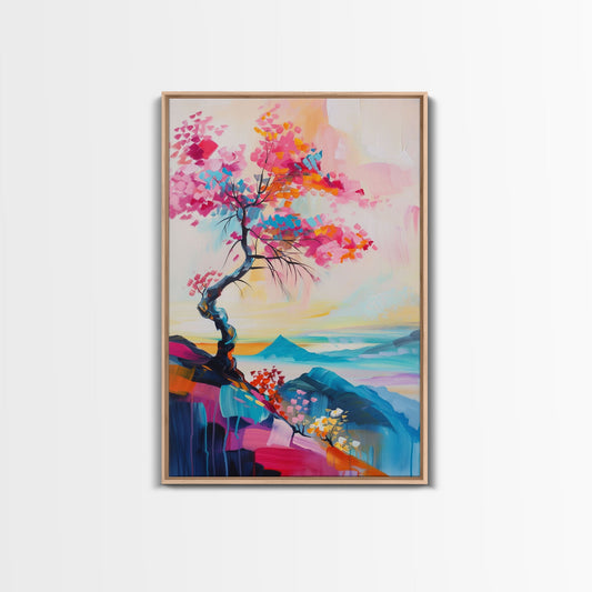 Colorful Tree on a Cliff - Framed Canvas Print, Vibrant Wall Art, Living Room Decor, Modern Nature Artwork, Bold Tree Art, Bedroom Decor