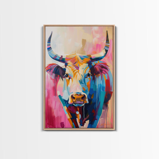 Colorful Cow Portrait - Framed Canvas Print, Vibrant Wall Art, Modern Living Room Decor, Bold Animal Artwork, Cow Art Print, Bedroom Decor