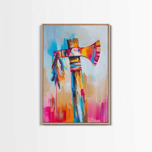 Colorful Feathered Axe Art - Framed Canvas Print, Vibrant Living Room Decor, Unique Wall Art, Modern Home Decor