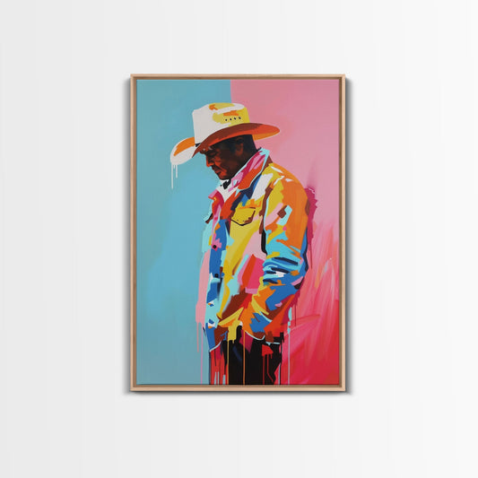 Colorful Pensive Cowboy Art - Framed Canvas Print, Vibrant Living Room Decor, Unique Wall Art, Modern Home Decor