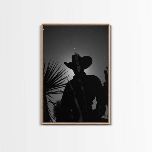 Lone Cowboy Silhouette under the Stars in Black and White for Rustic Wall Art, Canvas Prints, Home Decor, Living Room Art, Bedroom Art