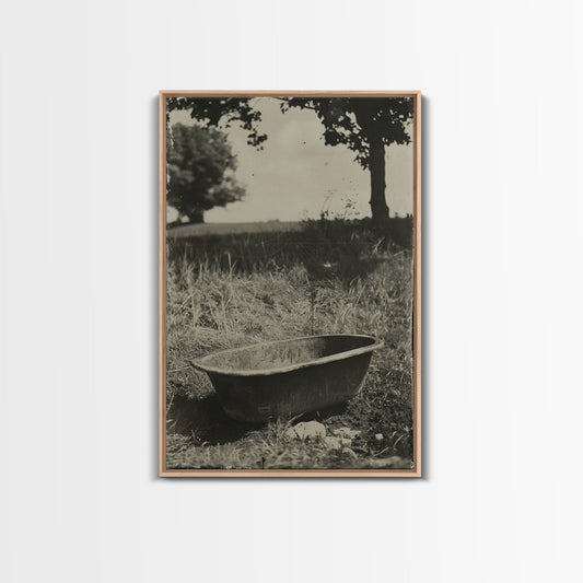 Vintage Farm Bathtub Sepia Print - Framed Canvas Wall Art, Rustic Country Decor, Antique Bathtub Artwork for Living Room, Farmhouse Art