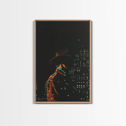 Cowboy in the City Night Print - Framed Canvas Wall Art, Urban Western Decor, City Cowboy Artwork for Living Room, Modern Western Art