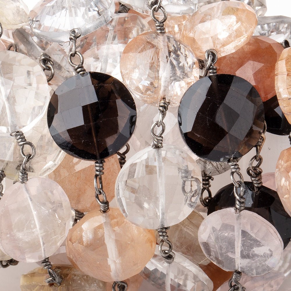 10-12mm Multi Gemstone Faceted Coin Beads on Black Gold over .925 Silver Chain